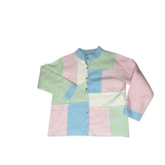 Vintage ColdWater Creek Pastel Patchwork Button-Up Cardigan Sweater Green Pink - Picture 3 of 9
